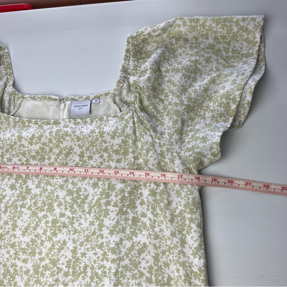 Ghanda Field Mini Dress Green White Floral Back Waist Tie Frill Hem Boho Size M - Picture 13 of 14